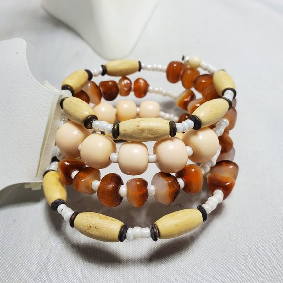 Shopko Mali wood bead coil bracelet with pearl beads and glass beads - Picture 1 of 3